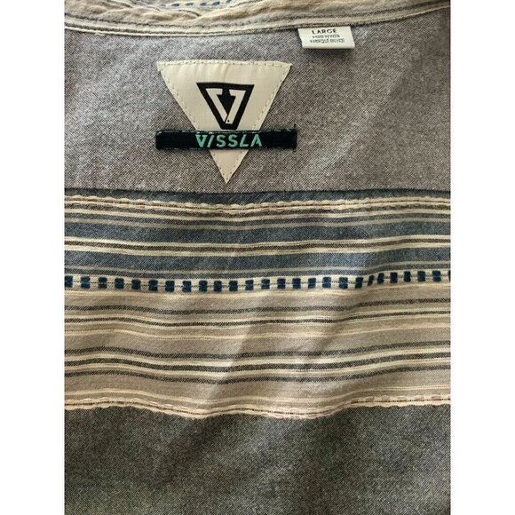 Vissla Striped Short Sleeve Casual Button Down Shirt Cotton Blue Tan Mens Large - Picture 3 of 7